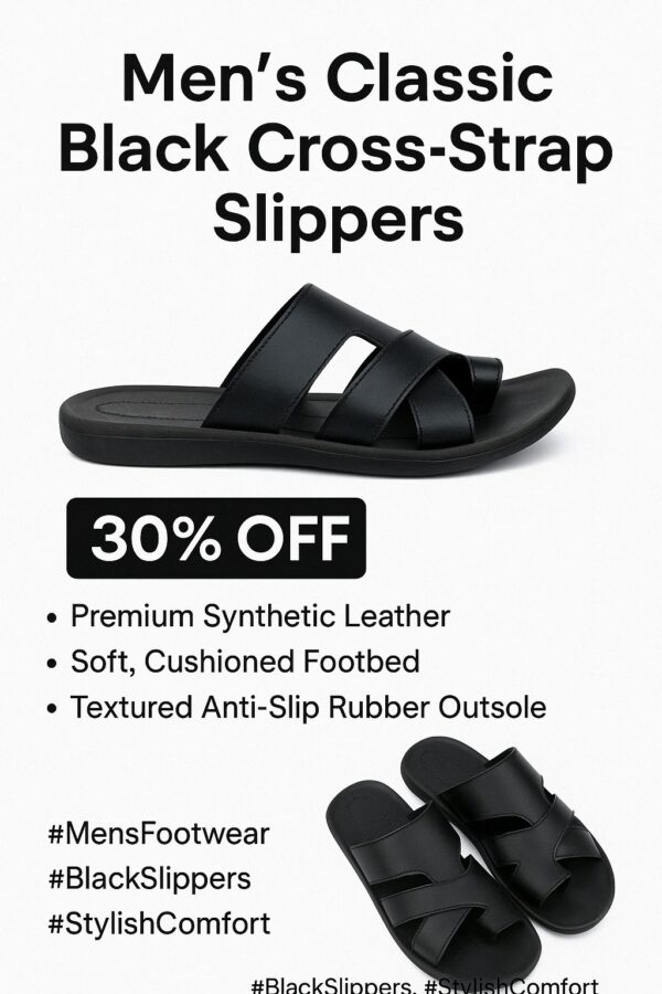 Men’s Classic Black Cross-Strap Slippers – Premium Comfort & Style - Image 4