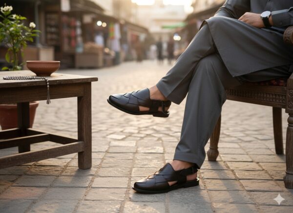 Classic Woven Leather Peshawari Chappal – Black & Brown - Image 5