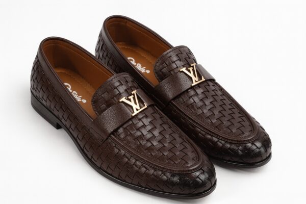 Men’s Premium Woven Leather Loafers with Gold LV Buckle – Coffee Brown - Image 4