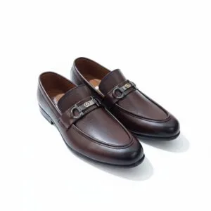 Men’s Premium Brown Leather Loafers with Gold Buckle Accent