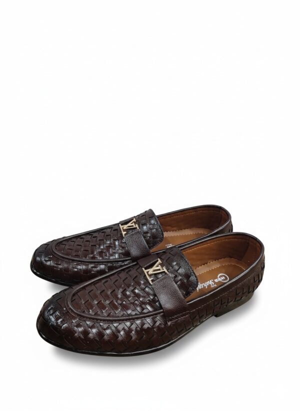 Men’s Premium Woven Leather Loafers with Gold LV Buckle – Coffee Brown - Image 2