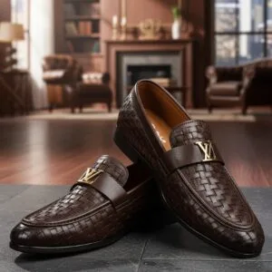 Men’s Premium Woven Leather Loafers with Gold LV Buckle – Coffee Brown