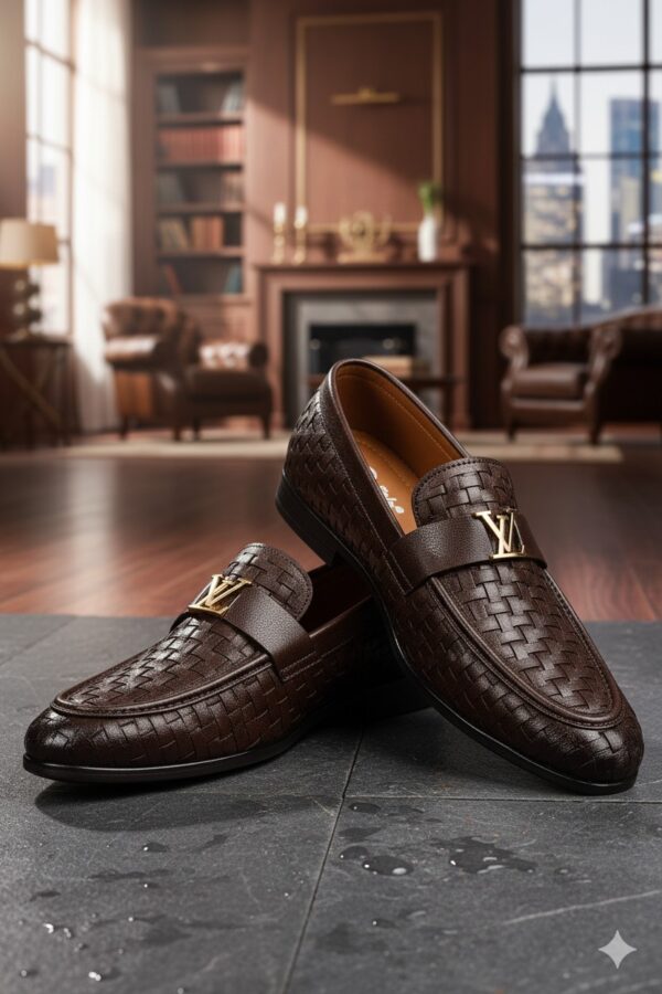 Men’s Premium Woven Leather Loafers with Gold LV Buckle – Coffee Brown