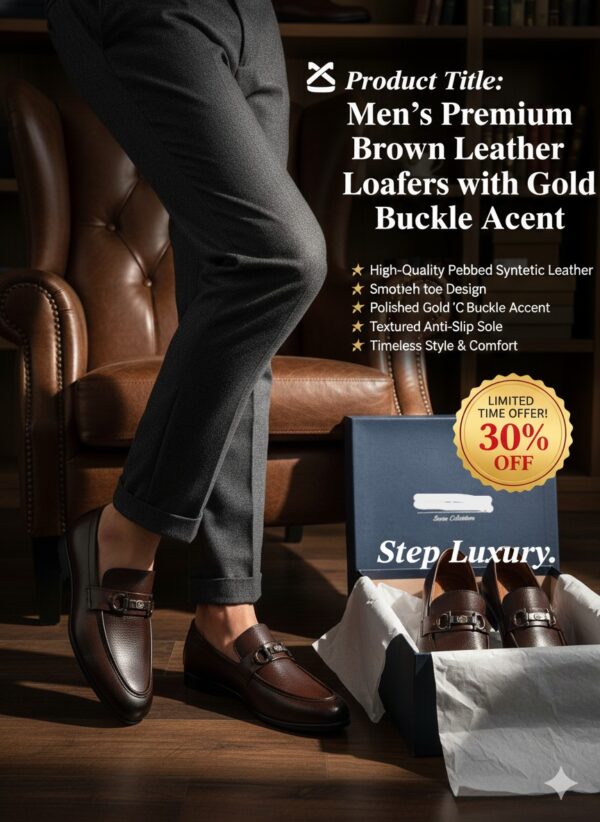 Men’s Premium Brown Leather Loafers with Gold Buckle Accent - Image 7