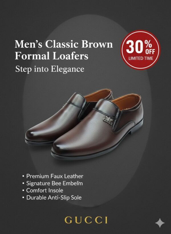 Men's Classic Brown Formal Loafers with Bee Emblem - Image 6