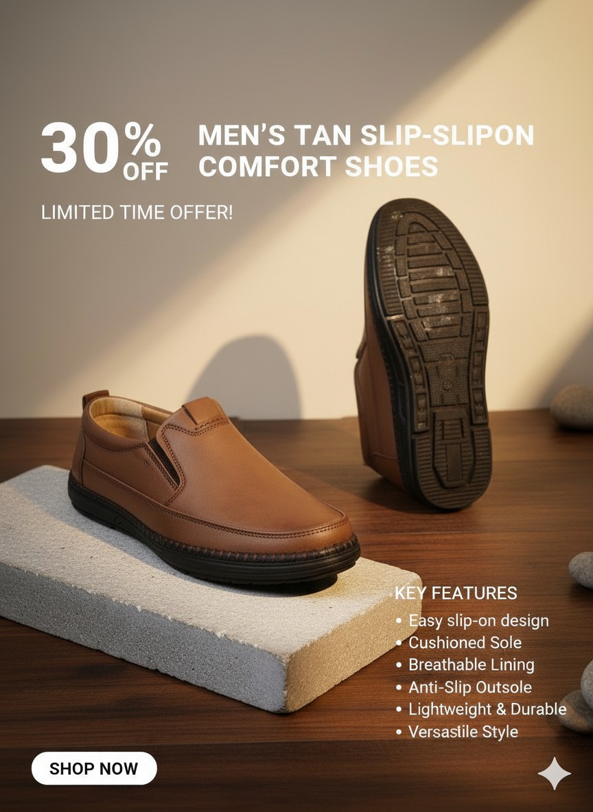 Men’s Tan Slip-On Comfort Shoes – Cushioned Sole | Everyday Office & Casual - Image 5